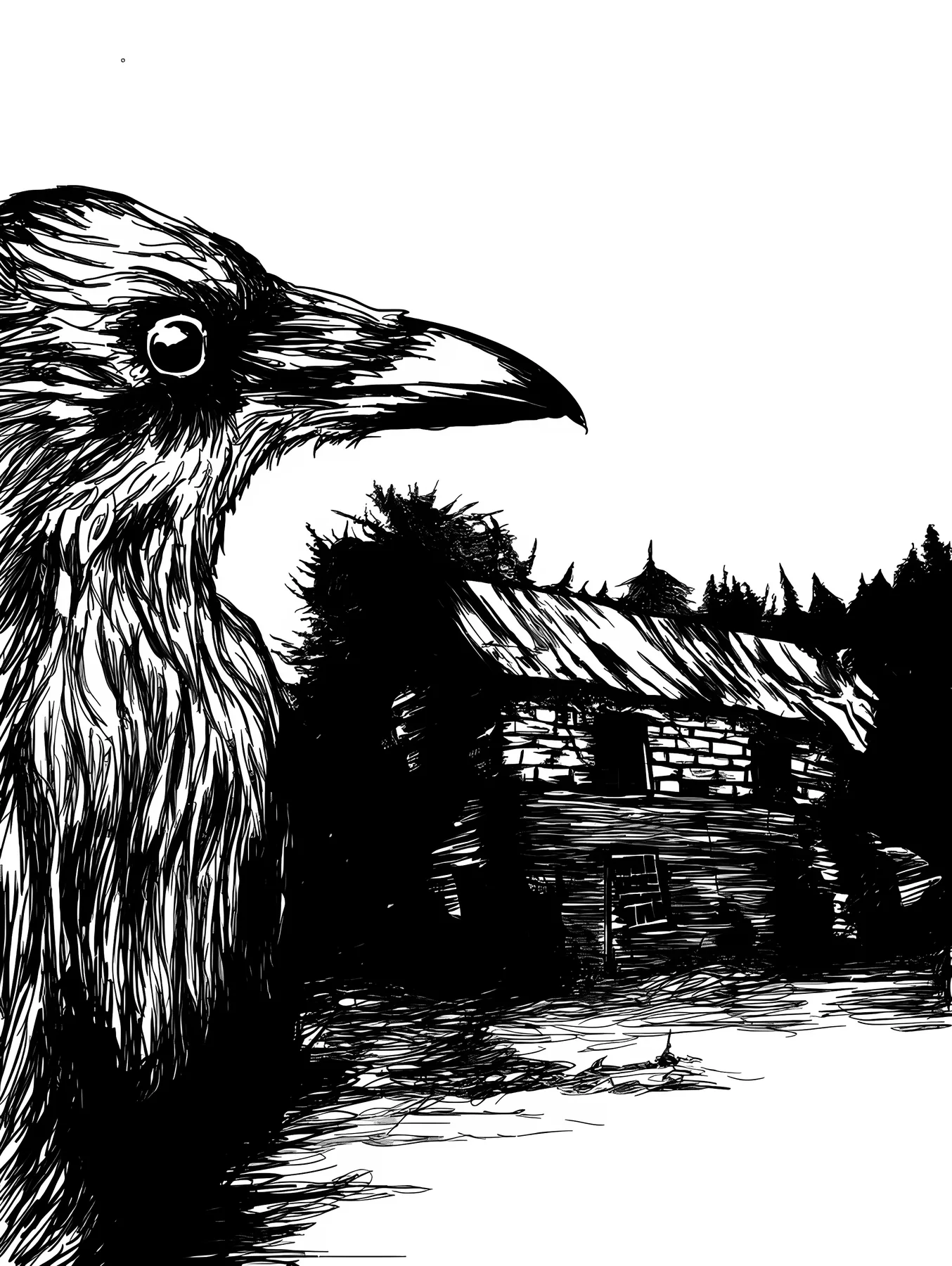 Ilustração a preto e branco de um corvo em primeiro plano, com uma casa abandonada entre árvores ao fundo